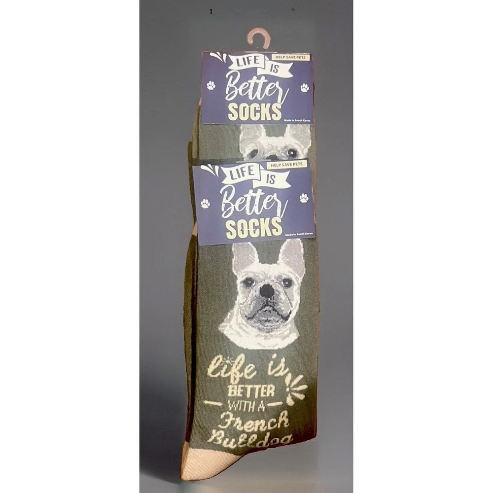 Eas Pets French Bulldog Crew Socks NWT One Size Green Novelty Dog Lover